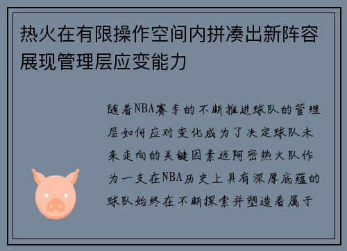 热火在有限操作空间内拼凑出新阵容展现管理层应变能力