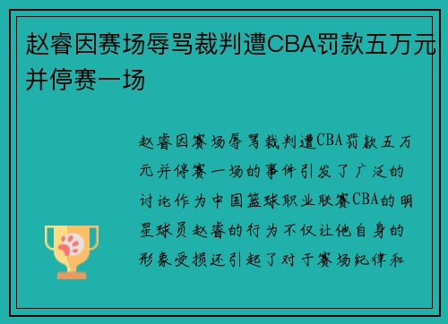 赵睿因赛场辱骂裁判遭CBA罚款五万元并停赛一场